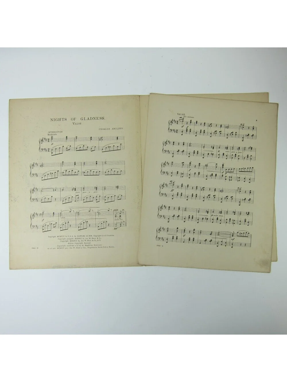 Sheet Music Nights of Gladness Valse Piano Charles Antcliffe Antique 1912